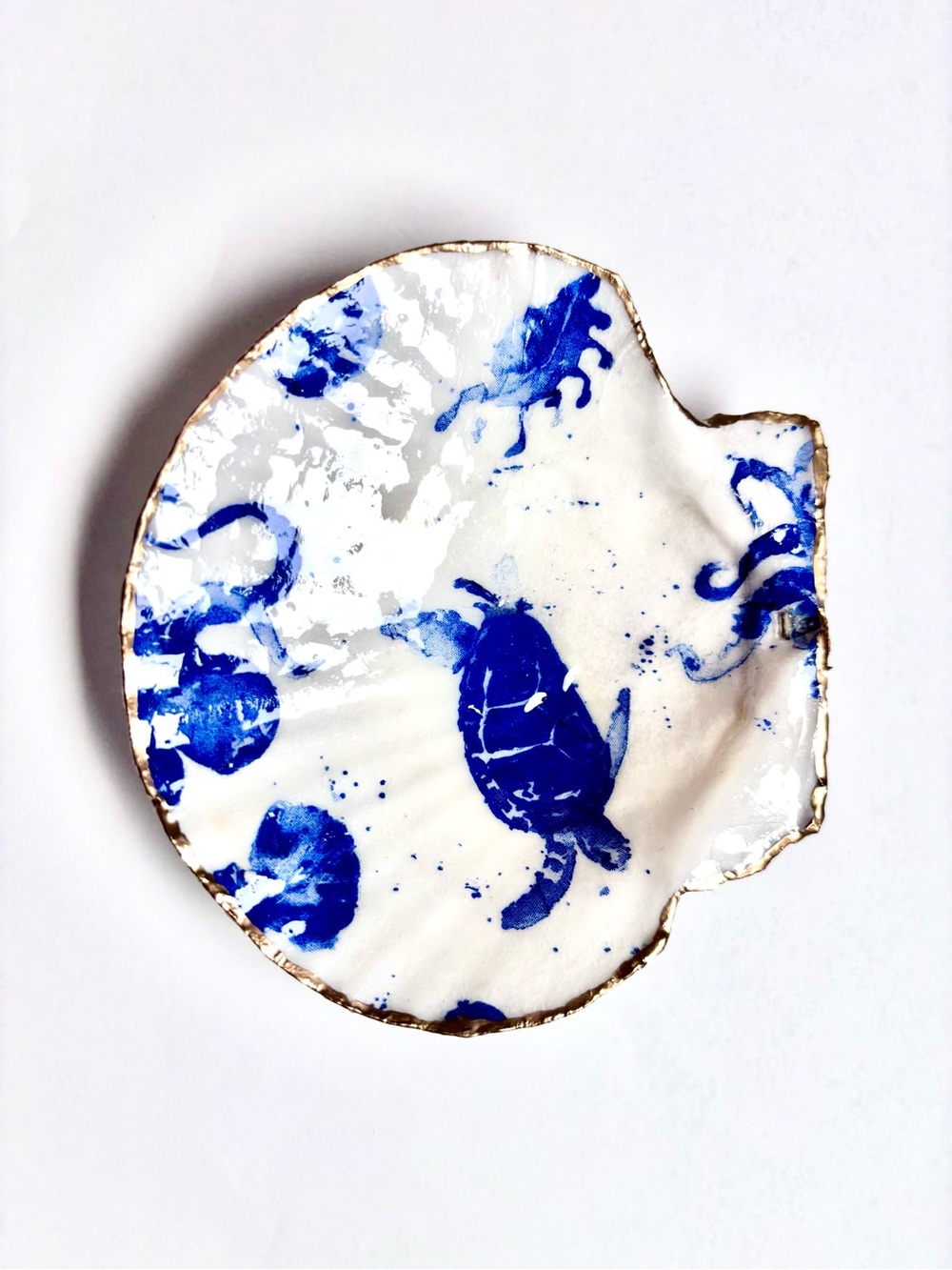 Decoupage Scallop ShellHandmade Blue and White Shell Trinket Dish with Gold Edge